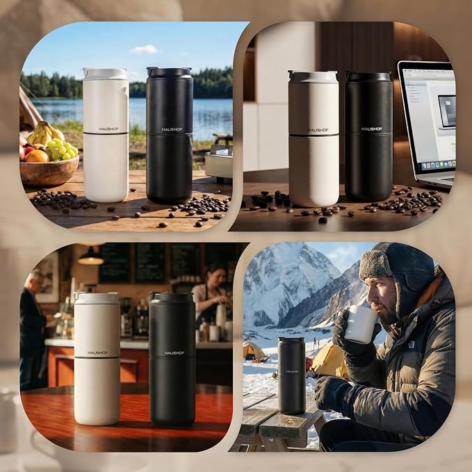 HAUSHOF Camping Coffee Maker, Coffee Grinder for Travel | 15 Cups per Charge;Portable Storage Bag;5 Grind Settings;USB-C Charging