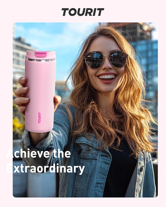 TOURIT 16 oz Insulated Stainless Steel Travel Mug with Lid, Leak-Proof Double-Wall Vacuum Tumbler, Reusable Coffee Cup - Pink