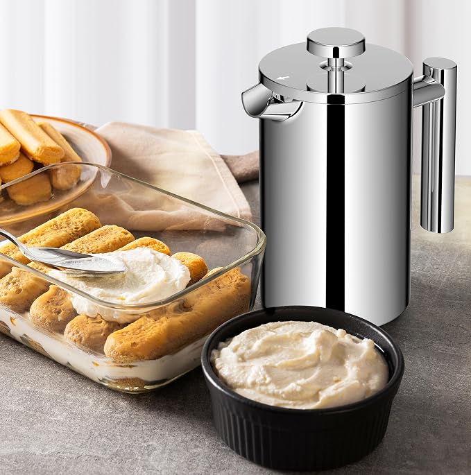 French Press Coffee Maker, 600ml/20oz Silver Stainless Steel Coffee Press, Double-Wall Insulated, Food Grade & Rust-Free, Included 2 Extra Filters, Dishwasher Safe