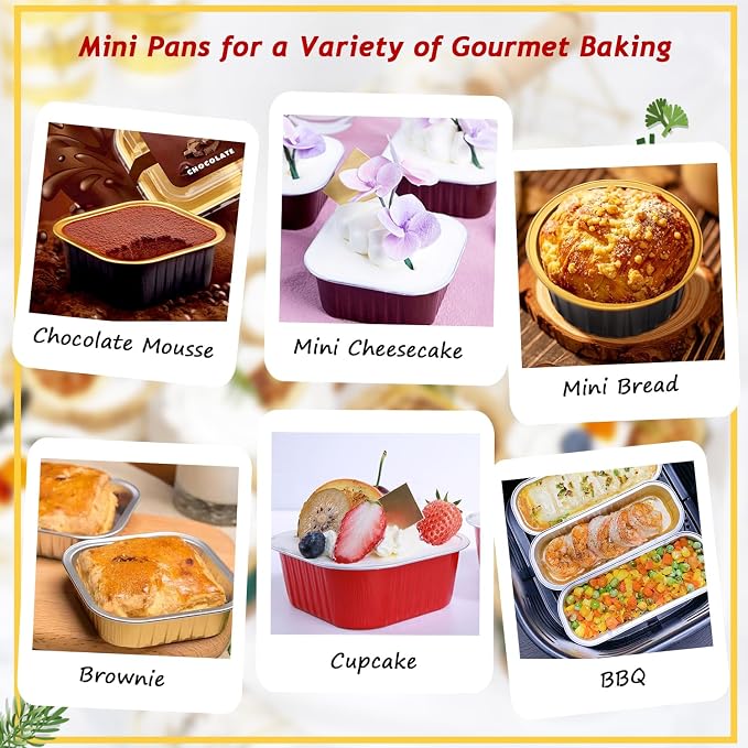 LNYZQUS 5oz Mini Cake Pans with Lids and Spoons, Disposable Brownie Tins | 40 Pack, Aluminum Foil, Square Cupcake Baking Cups, Individual Dessert Containers for Kids Party, Champagne