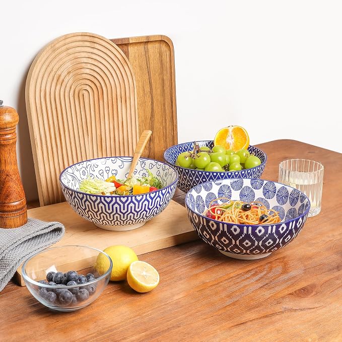 Selamica Ceramic Large Salad Bowls Set, 53 OZ Pho Bowls 8 Inch Soup Bowls for Kitchen, Large Serving Bowls for Ramen Pasta Fruit Dinner, Stackable & Sturdy, Set of 3, Vintage Blue