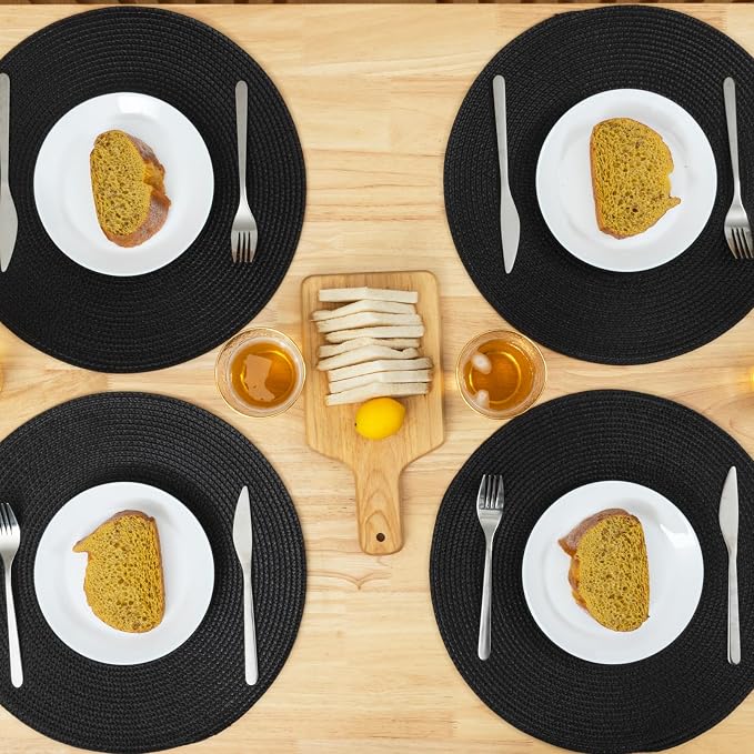 Winknowl Round Braided Placemats Set of 4 Washable Woven Heat Resistant Table Mats for Kitchen Dining Tables 15 inch Round Place Mats (Black,4pcs)