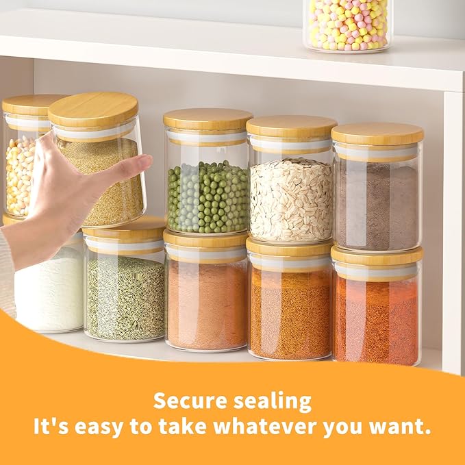 15Pcs 6oz Glass Spice Jars, Airtight Bamboo Lid Containers with Labels | Moisture-Proof Sealing, Clear Visible Body, Space-Saving Compact Shape, Multi-Scenario Application, Easy Marking Design