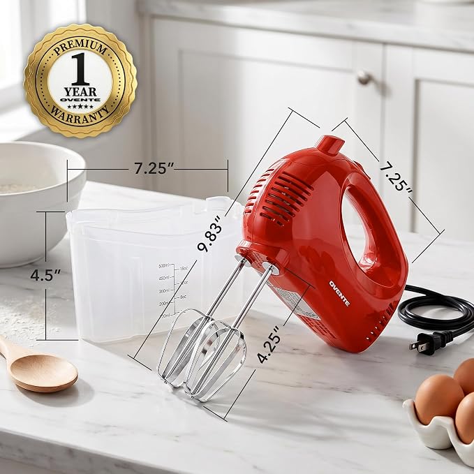 OVENTE 5-Speed Electric Hand Mixer with Storage Case,150W, Red HM151R | Stainless Steel Whisks, Compact Portable Design, Lightweight Handheld Mixer for Baking & Cooking