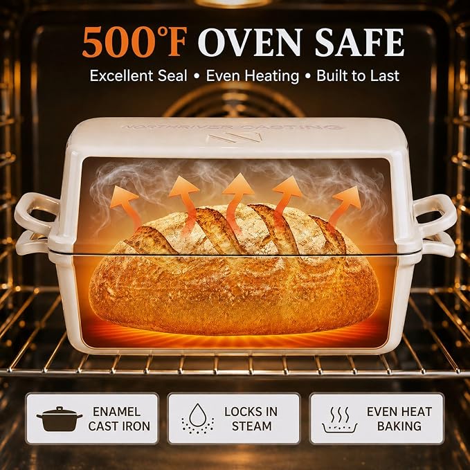 Northriver Casting 2 in 1 Enameled Cast Iron Bread Pan with Lid, Perfect Bread Oven, Loaf Pans for Baking Homemade Sourdough Bread 9x5, 2 Piece set, White