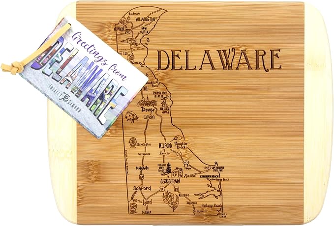 Totally Bamboo A Slice of Life Delaware Engraved Map Cutting Board | 11” x 8.75” charcuterie board with engraved state map artwork. Smooth reverse side for food prep. Hang tie for wall display.