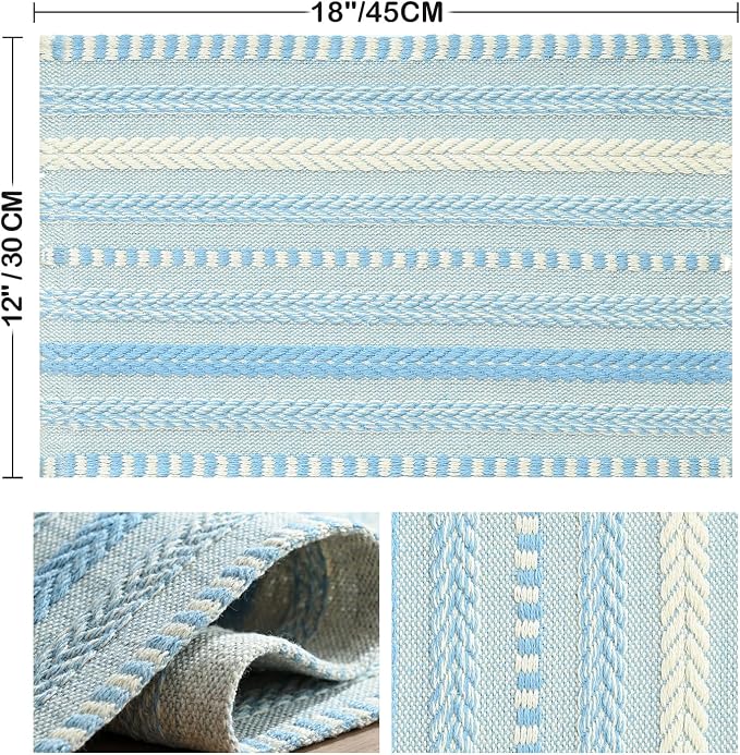 Artoid Mode Sky Blue Farmhouse Woven Braided Stripe Placemats Set of 4,12x18 Inch Seasonal Holiday Table Mats Party Kitchen Dining Decoration