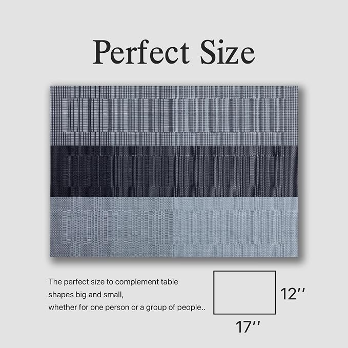 Placemats Set of 8 - Easy Clean Woven Vinyl Placemats for Dining Table, Indoor/Outdoor Place Mats, Washable PVC Table Mats (Silver Gray Black)