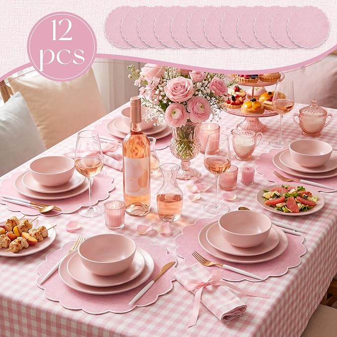 Set of 12 Pink Cotton Placemats 15" Round Scalloped White | Double Layered Cotton Fabric, Washable Embroidery, White Edge Edge, Rustic Table Mats for Wedding Dining Table Decor