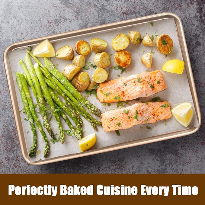 Wildone Baking Sheet Pan Set of 2, Nonstick Cookie Sheets for Baking | Thicker Carbon Steel Quarter Sheet Jelly Roll Pan, 9x13in, 10x15in, Heavy Duty & Easy Clean, Champagne Gold