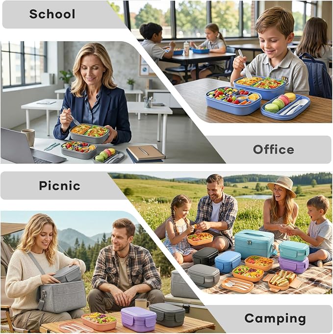 HOMETALL Bento Box Adult with Insulated Lunch Bag - 3 Stackable Leak-Proof Lunch Box Containers for Women & Men - BPA Free Lunchbox with Utensil Set (Spoon, Knife, Fork) for Work, Picnic, Dining Out