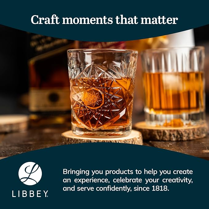 Libbey Hobstar Double Old Fashioned Glasses, Clear Cut Glass Drinking Glasses Set of 4, Durable, Vintage Whiskey Glasses for Cocktail, Drinks and More