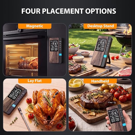 Smart Bluetooth Wireless Meat Thermometer with 2 Thin Probes | Standalone Display Base, Backlit LCD display, Certified Accuracy ±0.5°F, BBQ Smoker Grill Oven, Brisket Steak Turkey Pork