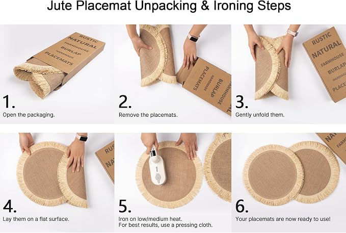 FunWheat Burlap Round Braided Placemats Set of 12 for Dining Tables 15 Inch Heat Resistant Jute Table Mats Farmhouse Woven Fabric Natural Place mats (Brown Jute Lace)