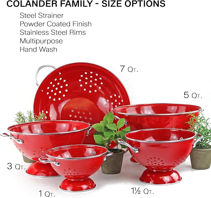 Reston Lloyd, 3 Quart Powder Coated Steel Kitchen Strainer Basket for draining Pasta, Vegetable and Fruit, Chrome Handles and Wide Stable Base, Red