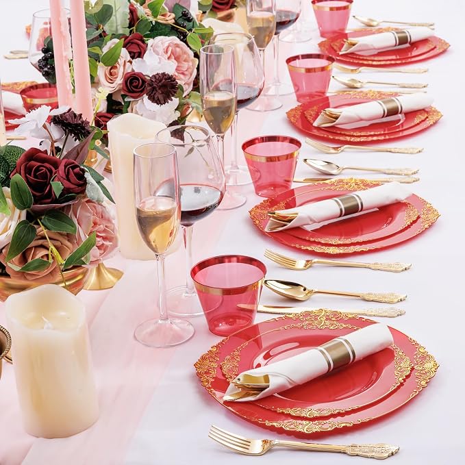 Nervure 175Pcs Red Plastic Plates, Disposable Party Plates for 25 Guests | 25 7.5" Dessert & 25 10.25" Dinner Plastic Plates, 75 Gold Cutlery, 25 9oz Cups, 25 Napkin for Wedding & Party, Heavy-duty