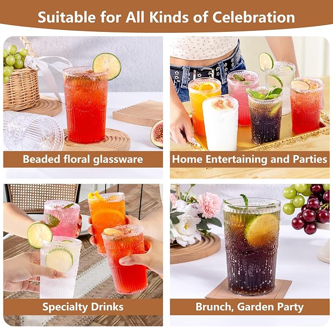 Ciaell 12 Pack Plastic Water Glasses for Parties Dinners | 14 oz Clear Embossed Ribbed Vintage Drinking Cups, Heavy Duty Plastic, Beer Juice Cocktails for Weddings Outdoor Bars