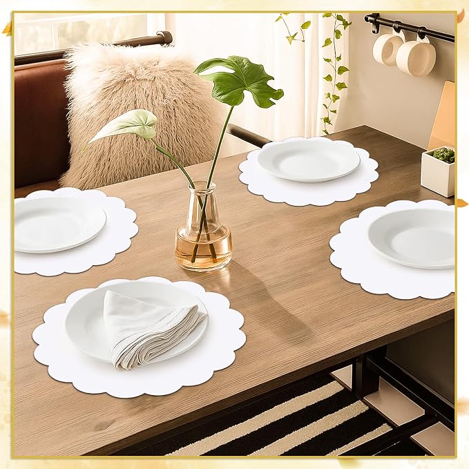 60 Pcs White Paper Placemats, 13.5 Inch Disposable Scalloped Placemat | Disposable Table Place Mats Decorative Paper for Birthday Wedding Bridal Shower Holiday Party