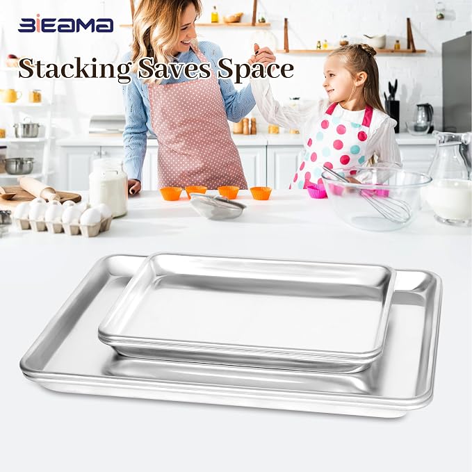 BIEAMA Aluminum Baking Sheet Pan Set of 4, 18" x 13"+ 13" × 10" | Includes 2 Half Sheet Pans & 2 Quarter Size Commercial Heavy Duty Cookie Sheets for Oven
