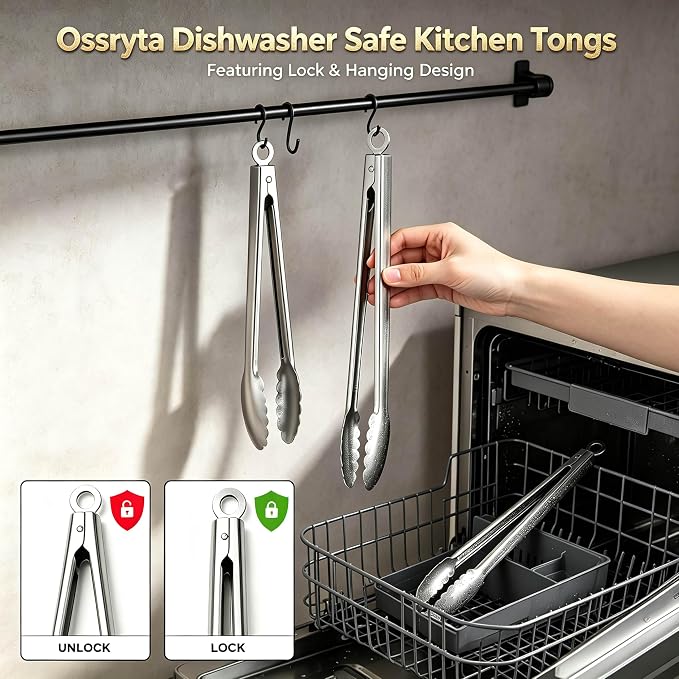 Stainless Steel Cooking Tong Set - 12" & 9" Locking Kitchen Tongs | Heat Resistant to 600 Degrees, Food Grade Kitchen Metal Tong for Food, Salad, & BBQ - Dishwasher Safe