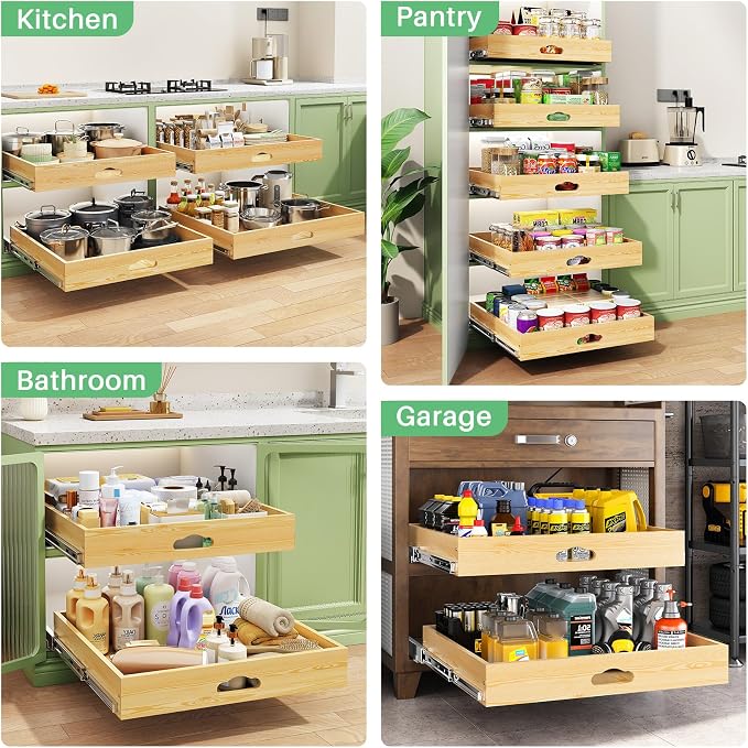 Pull Out Cabinet Organizer, Soft Close Wooden Slide Out Drawers for Pots and Pans, Full-extension Roll Out Shelves for Kitchen Cabinets, Pantry Organization, Bottom & Side Mount(23"W X 21"D x 3.4''H)