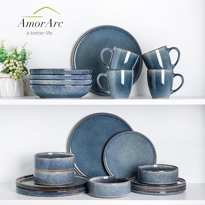 AmorArc Ceramic Dinnerware Sets for 4,12 Piece Plates and Bowls Sets Dishes | Stoneware Handmade Reactive Glaze Dishes Set | Highly Chip and Crack Resistant | Dishwasher & Microwave Safe