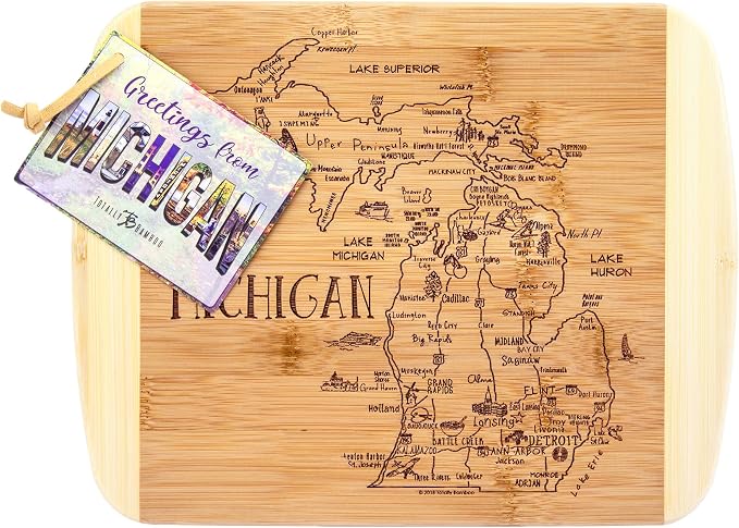 Totally Bamboo A Slice of Life Michigan Engraved Map Cutting Board | 11” x 8.75” charcuterie board with engraved state map artwork. Smooth reverse side for food prep. Hang tie for wall display.