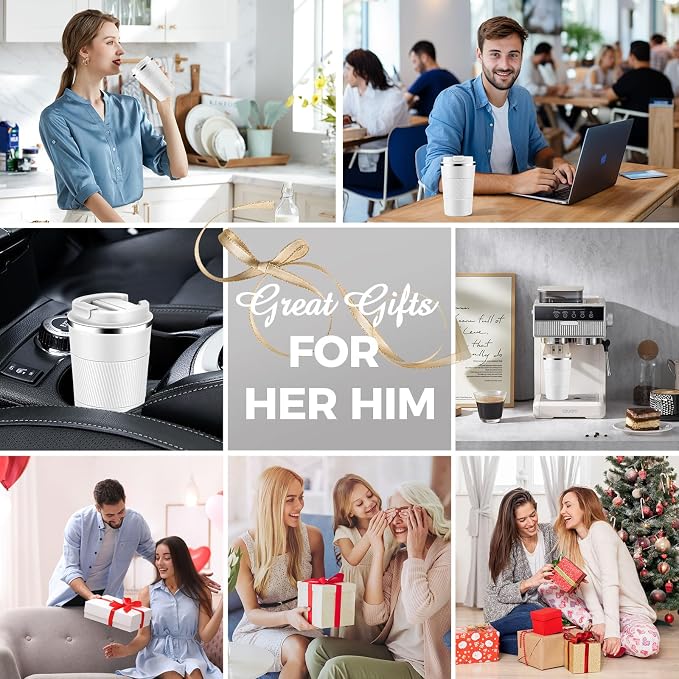 Volhoply 13 oz Stainless Steel Insulated Travel Coffee Mug with Fip Lid Bulk 2 Pack,Reusable Double Wall Vacuum Metal Coffee Cup,Portable Leak Proof Thermal Tumbler for Hot & Cold Drinks(White,2)