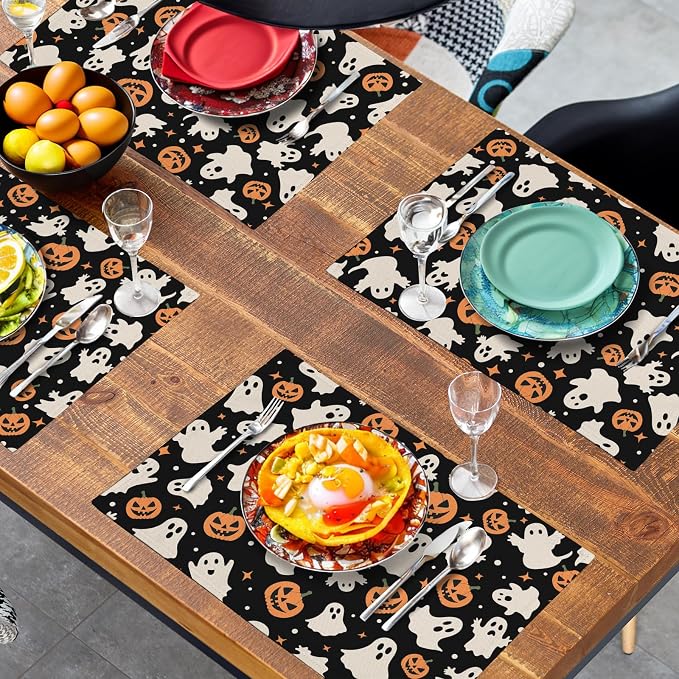 Halloween Placemats Set of 4 12x18 Inch Cute Ghost Pumpkin Table Mats Orange and Black Spooky Rustic Farmhouse Place Mat for Party Kitchen Dining Fall Decor