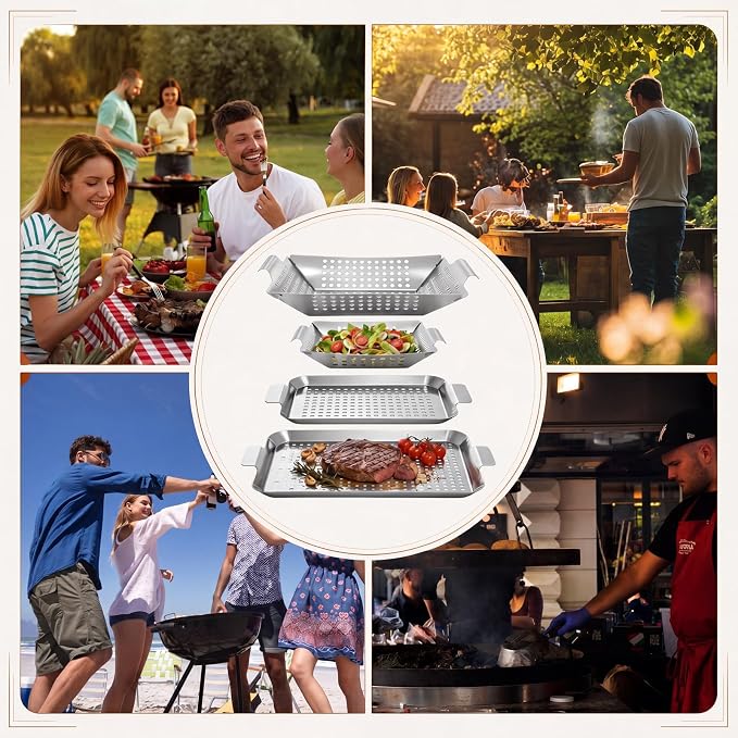 4 Pack Grilling Accessories Outdoor Grill Topper Vegetables Grill Baskets for BBQ, Grilling Pans Trays Griller Baskets with Holes and Handles, Carbon Steel
