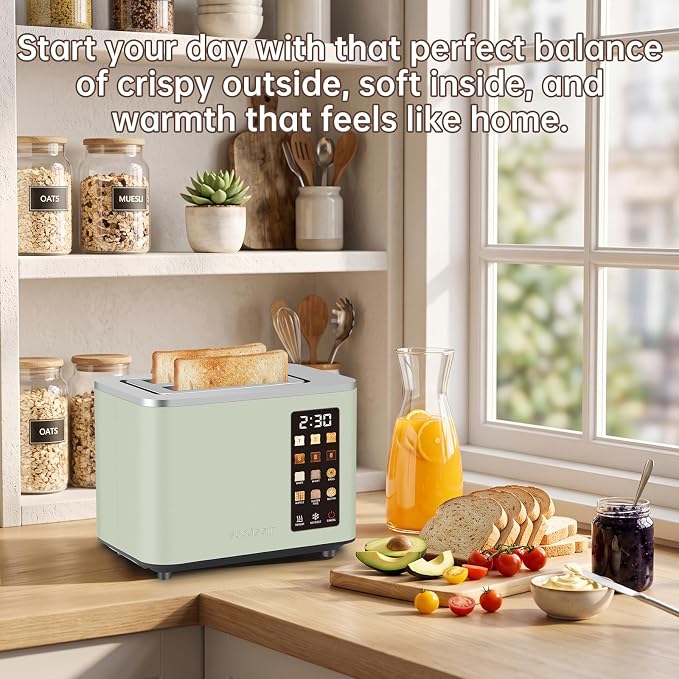 SEEDEEM 2 Slice Toaster with Full Touch Screen, Stainless Steel, 6 Bread Types & 6 Shade Settings, Countdown Display, Removable Crumb Tray, 900W, Green