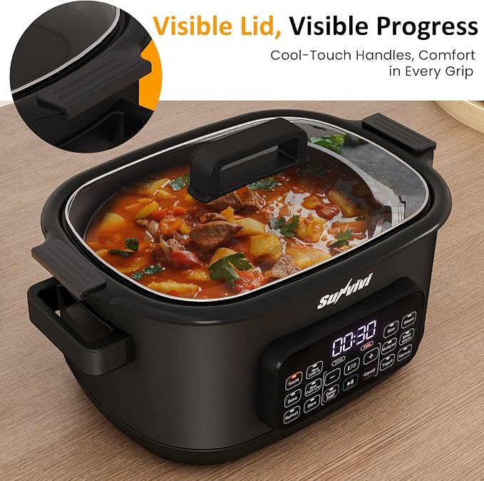 Sunvivi 12-in-1 Programmable Slow Cooker 6.5QT with Timer & Keep Warm | Multicooker with Timer & Temp Control, Dishwasher Safe Lid & Removable Nonstick Crock, Stainless Steel Rack, Black