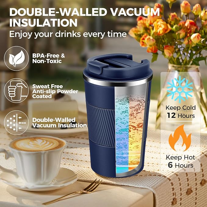 Volhoply 13 oz Stainless Steel Insulated Travel Coffee Mug with Fip Lid Bulk 8 Pack,Reusable Double Wall Vacuum Metal Coffee Cup,Portable Leak Proof Thermal Tumbler for Hot & Cold Drinks(Navy,8)