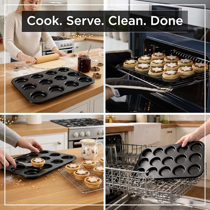 Wrenbury Pro 12 Cup Mince Pie Tin ā Carbon Steel Mincemeat Baking Tray | Non Stick Shallow Muffin Pan for Patty Cakes and Jam Tarts