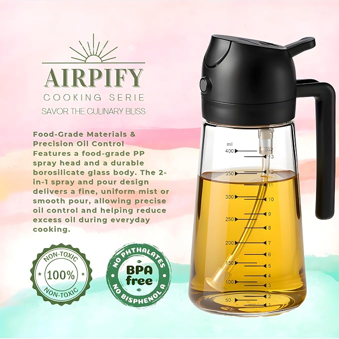 Glass Olive Oil Sprayer for Cooking 16oz/470ml β Transparent 2 in 1 Glass Oil Sprayer & Dispenser with Scale, Kitchen Gadgets & Air Fryer Accessories, Olive Oil Dispenser β Black