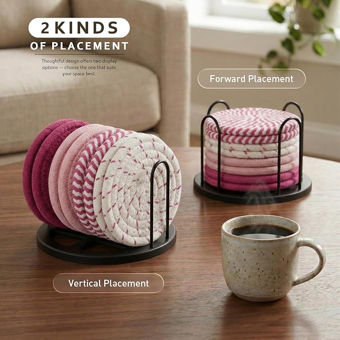 Lazebox Coasters Set of 8 for Drinks, 4 Inch Large Coasters for Coffee Table, Tabletop Protection for Hot & Cold Drinks, Versatile Coasters for Home Decor, Non-Slip & Easy to Clean, Pink