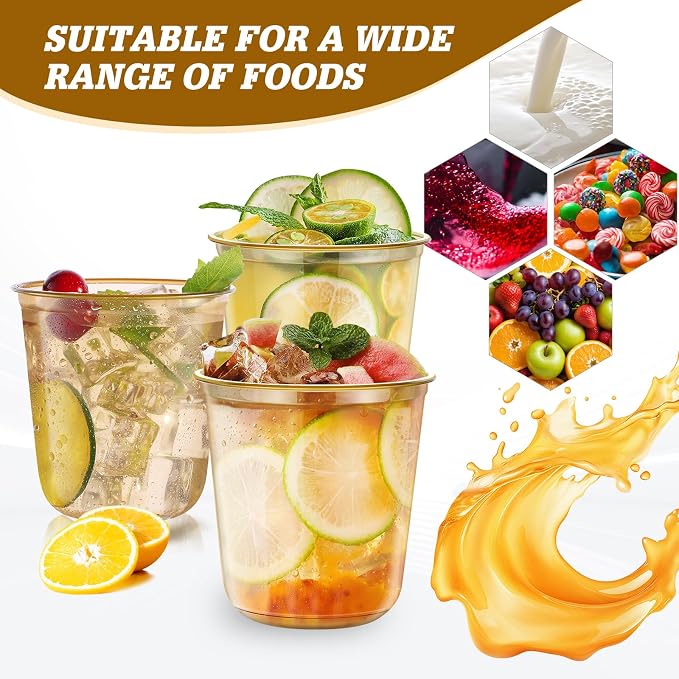 KesaPlan 50Pcs 12oz Gold Plastic Party Cups, Disposable Wine Cocktail Cups | Cute Crystal Wine Stemless Glasses, Round Bottom PET Cold Drink Cups for Graduation Wedding Birthday New Year Meeting Party