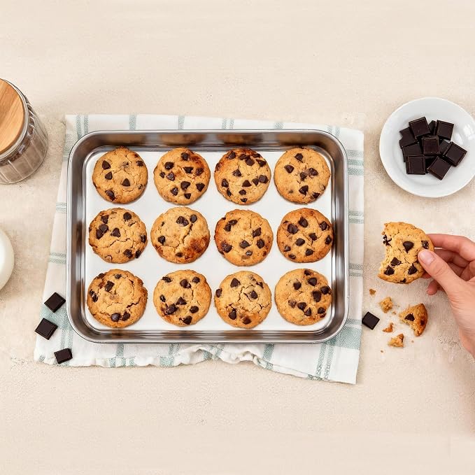 Onader Baking Sheet Pan Tray Set of 2, Stainless Steel Small Baking Cookie Sheets, 9 x 7 Inch Mini Toaster Oven Trays, Food-Grade Durable Mirror Finish & Dishwasher Safe