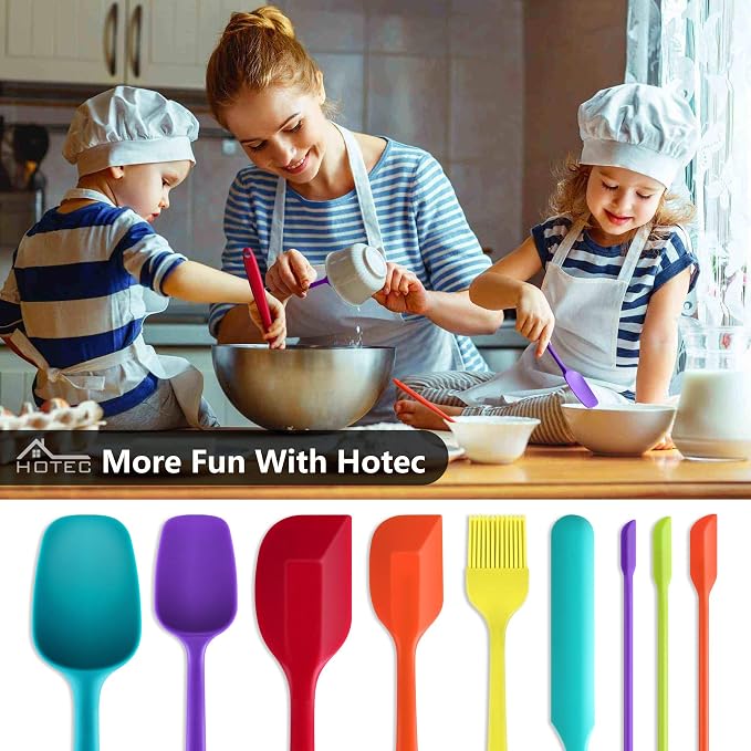 HOTEC BPA Free Heat Resistant Silicone Spatula Set Kitchen Utensils for Baking Cooking Mixing Non Stick Cookware Food Grade Dishwasher Safe (Multi-Color) Set of 9