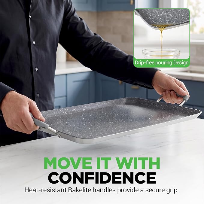 NutriChef Double Burner Griddle | Flat Top Griddle for Stove Top | Nonstick marble-coated griddle pan with extra-large easy to clean cooking surface, perfect for pancakes and tortillas