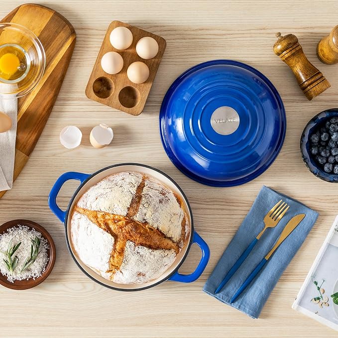 Velaze 5 QT Enameled Cast Iron Dutch Oven for Bread Baking with Dome Lid | Traps Steam for Crispy Artisan Sourdough Bread,Oven Safe,Ergonomic Handles,Gift for Bakers and Bakery Style Loaves,Blue