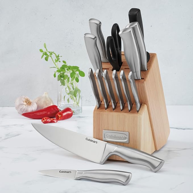 Cuisinart Professional Block Knife Set 15pc Cutlery Knife Set with Steel Blades for Precise Cutting, Lightweight, Stainless Steel Durable& Dishwasher Safe, Natural Woodgrain Finish