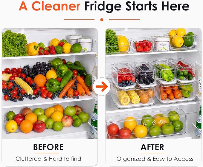 SMRCAD Clear Fridge Bins with Drain Trays - BPA-Free PET, Stackable | 10 Pack: 10 lidded Bins, Helps Keep Produce Fresh, 17.4L Capacity, Hand Wash Only