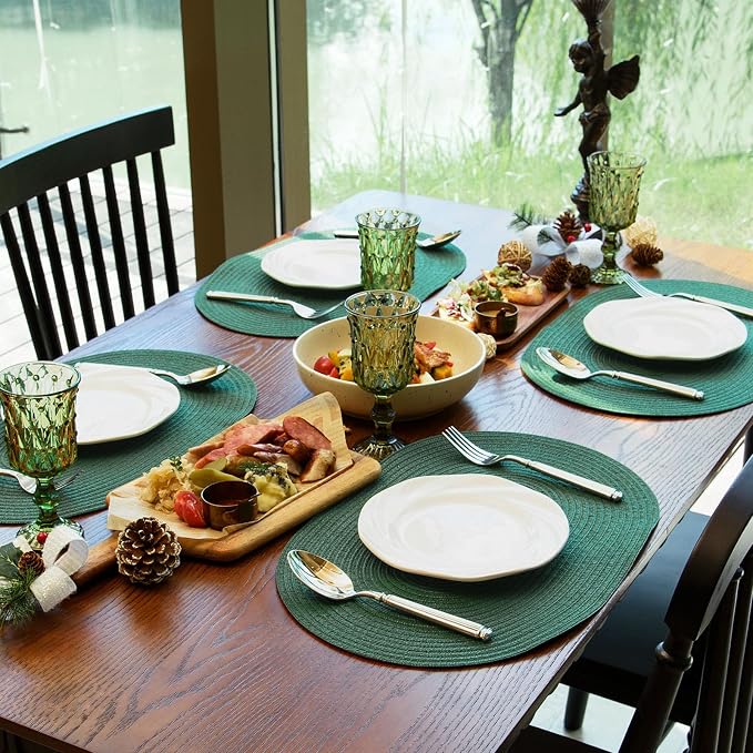 Placemats Set of 8, Woven Oval Braided Dining Table Mats(Sage Green) | 12 x 17.5 Inch Size Fits Plates and Flatware; Hand Washable and Heat Resistant for Kitchen Use, with Farmhouse and Boho Style