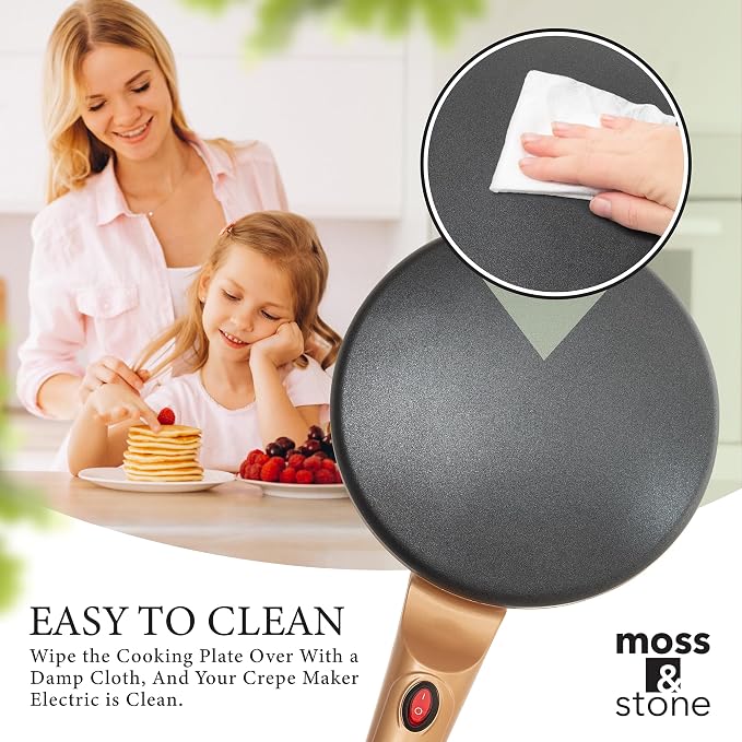 Moss & Stone Gold Electric Crepe Maker, 8" Portable Nonstick Crepe Pan | Nonstick dipping plate, auto shut-off, on/off switch, even heating, automatic temperature control, compact design