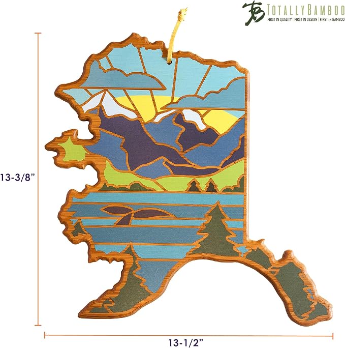Totally Bamboo Alaska State Shaped Cutting Board, Summer Stokes Art | State charcuterie board with colorful hand-drawn landscape art. Smooth reverse side for food prep. Hang tie for wall display.