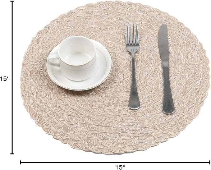 SHACOS Round Braided Placemats 15 inch Set of 4 Boho Woven Washable Kitchen Table Placemats for Home Wedding Party (T-Beige, 4)