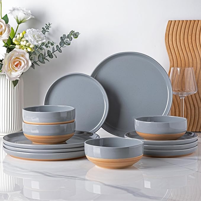 AmorArc Dinnerware Sets for 8, 24 Pieces Ceramic Plates and Bowls Set | Scratch Resistant Stoneware Dishes Set, Dishwasher & Microwave Safe,Gray