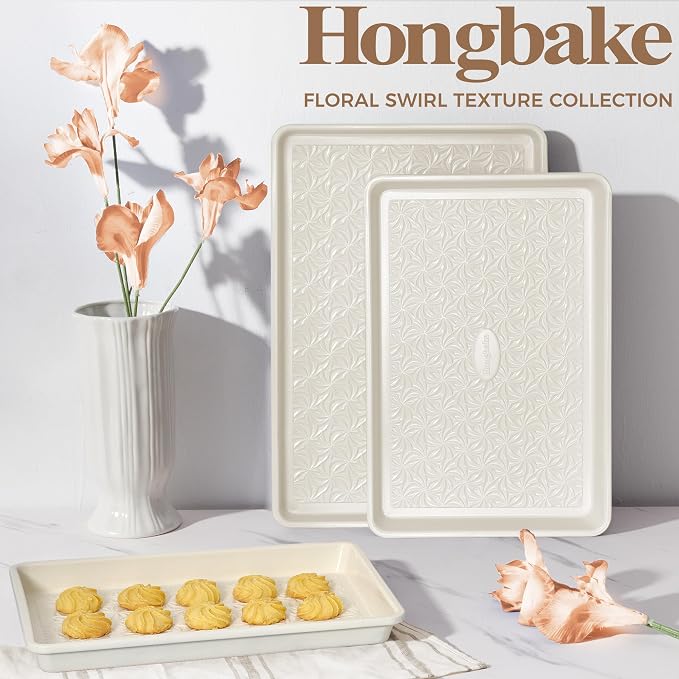 Ceramic Coated Baking Sheet Pan Set of 3 with Floral Texture | Nonstick Aluminized Steel Cookie Sheets, Half, Quarter and Jelly Roll Pans, Shallow Oven Trays, 0.8mm Thick