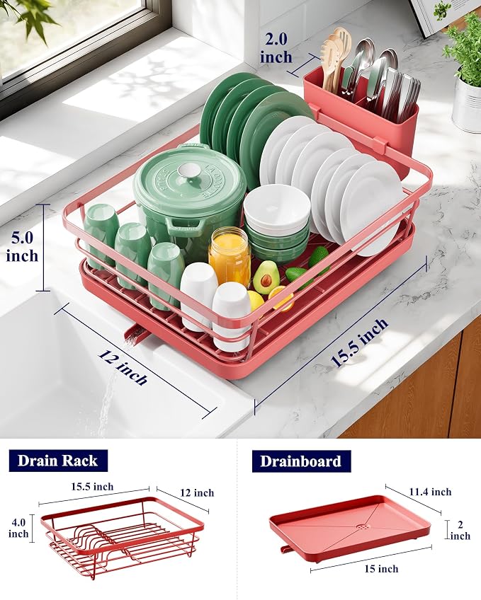Kitsure Dish Drying Rack for Kitchen Counter, 12''W x 15.5''L, Red | Stainless Steel Sink Organization, Cutlery Holder, Home and Appartment Decor